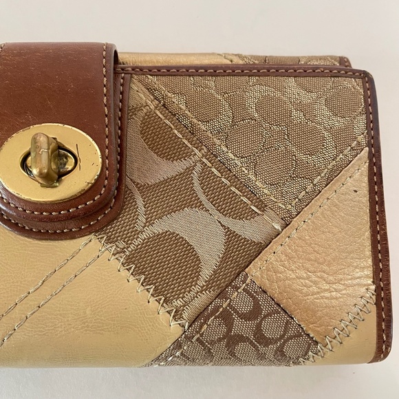 Coach Patchwork Gold Canvas/Leather Logo Turnlock Long Wallet - Picture 12 of 14